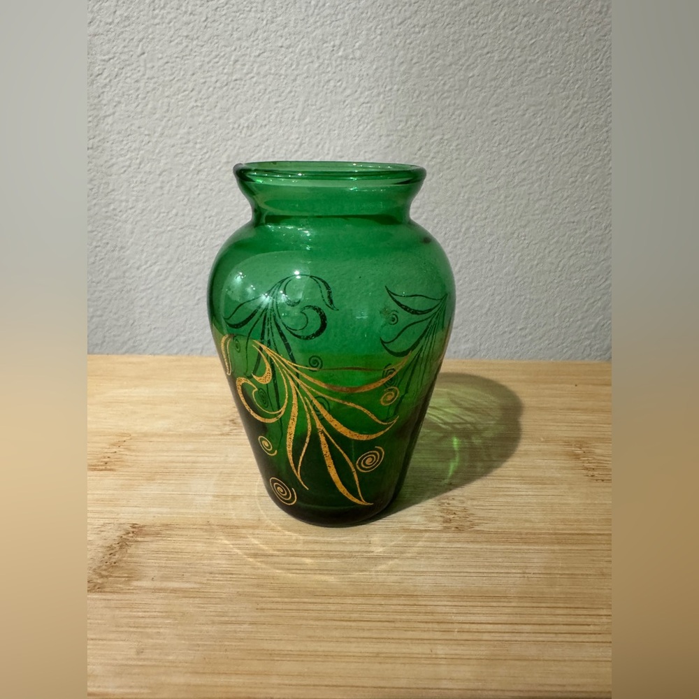 Vintage Anchor Hocking Green Glass Vase with Gold Accents - 4”